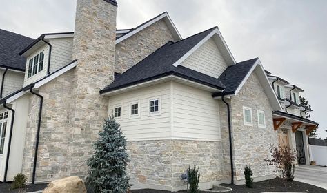 Snow Canyon | stoneworldsupply White Siding Exterior With Stone, Exterior Stone House Ideas, Grey House With Stone Accents, White Siding House With Stone, Brown Haven Homes, Stone On White House Exterior, Home Exterior Materials, White Exterior With Stone Accent, Stone Facing Exterior House