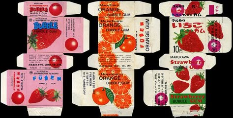 Japan - Marukawa - Strawberry & Orange Bubble Gum boxes - 1970's by JasonLiebig, via Flickr Marukawa Gum, Retro Packaging, Orange Bubbles, Barbie Printables, Paper Toys Template, Miniature Printables, Fruit Box, Vintage Packaging, Easy Diy Art