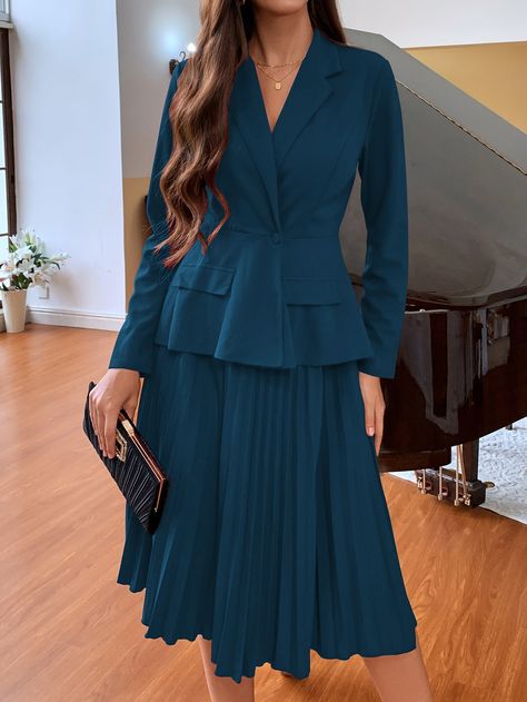 Dark Green Elegant Collar Long Sleeve  Plain  Embellished Non-Stretch Spring/Fall Women Suits Black Suit For Women Skirt, Suits For Women With Skirts, Suits With Skirts For Women, Long Skirt And Blazer Outfit, Blazer With Pleated Skirt, Skirt Suits For Women Classy, Blazer Long Skirt, Flare Skirt Outfits, Suit Skirt Women