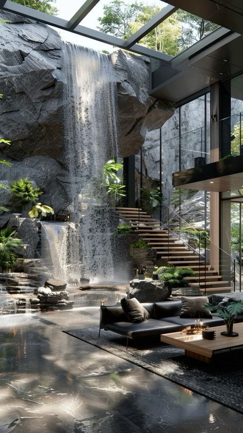 Dark Modern House Interiors, Nature Bedroom Ideas, Casa Hobbit, Kolam Koi, Indoor Waterfall, Dream Life House, Dream House Rooms, Luxury Homes Dream Houses, Dream House Interior