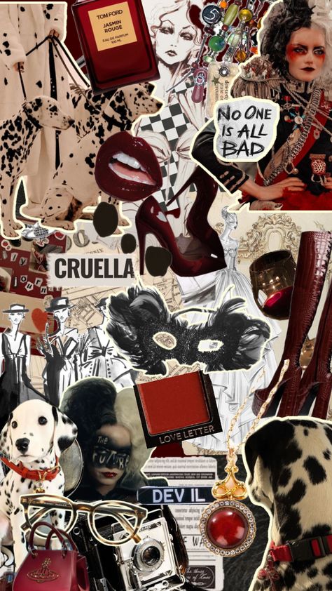 Cruella mood board/wallpaper 🐾 #fashion #design #wallpaper #cruella #moodboard #inspo #dalmation #vouge #makeup Cruella Aesthetic Wallpaper, Cruella Moodboard, Cruella Deville Wallpaper, Cruella Deville Aesthetic, Spooky Moodboard, Wallpaper Fashion Design, Cruella Wallpaper, Fashion Design Wallpaper, Cruella Style