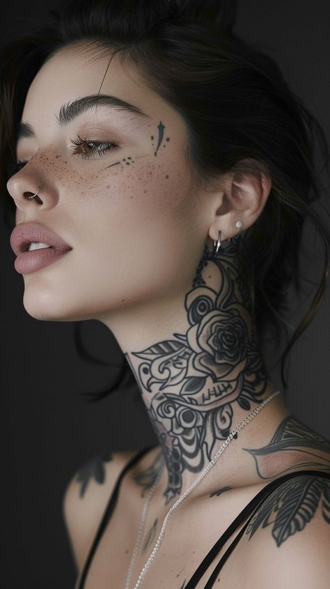 tattoo Front Of Neck Tattoos Women, Neck Tattoo Woman, Womens Neck Tattoos, Women Neck Tattoo, Simple Neck Tattoos, Throat Tattoos, Nose Tattoo, Neck Tattoo Ideas, Face Tats