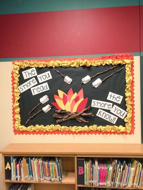 S'more bulletin board Homestead Library Camping Classroom, Library Bulletin Board, Reading Bulletin Boards, Camping Theme Classroom, Library Themes, Library Bulletin Boards, Library Boards, Classroom Board, Elementary Library