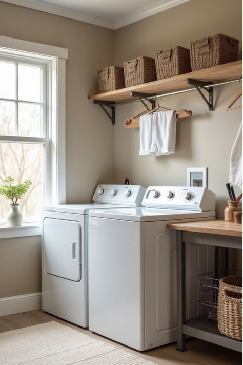 Laundry room with taupe walls, white appliances, and wood folding table Paint Colors For Small Laundry Room, Revere Pewter Laundry Room, Farmhouse Laundry Room Colors, Tan Laundry Room, Taupe Laundry Room, Modern Farmhouse Room, Modern Farmhouse Laundry, Modern Farmhouse Laundry Room, Laundry Room Colors