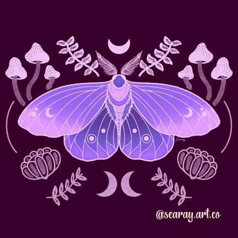 Moth And Mushroom Art, Purple Mushroom Art, Mushroom Moth Tattoo, Purple Mushroom Aesthetic, Moon Moth Wallpaper, Cute Moth Art, Cute Moth Drawing, Luna Moth Drawing, Moth Drawings