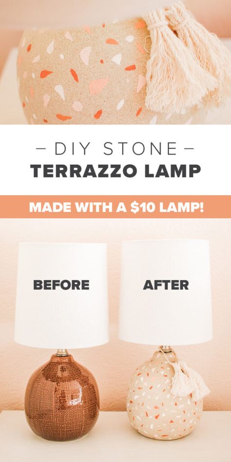 Learn how to make this DIY terrazzo stone table lamp with a $10 Target lamp! It’s the perfect affordable home decor piece! #diyhomedecor #terrazzo #diyterrazzo #diylamp How To Make Terrazzo, Jesmonite Diy, Renovate Furniture, Target Lamp, Terrazzo Decor, Stone Spray Paint, Homemade Gift Bags, Diy Terrazzo, Stone Table Lamp