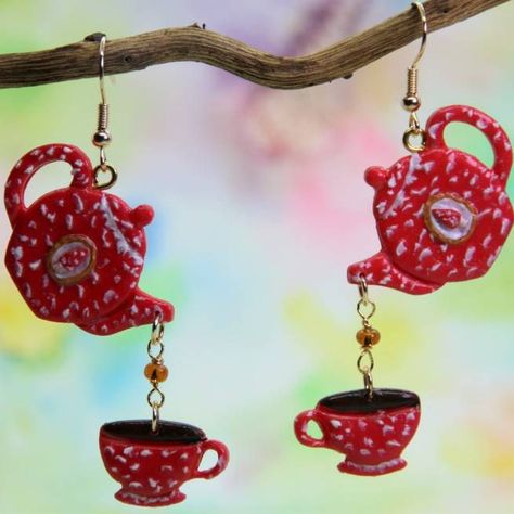 Fimo, Polymer Clay Teapot, Teapot Clay, Teacup Earrings, Teapot Earrings, Tea Cup Earrings, Tea Party Crafts, Tea Earrings, Tea Jewelry