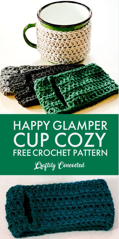 Try out this free crochet pattern and make your own mug cozy! #coffeecrochetrepeat #happyglampercozy #freecrochetpattern #freepattern #easycrochetpattern #leftycrochet #craftilyconcocted #coffeelovers #muglove #cupsleeve #mughug #mugsleeve #crochettutorial #quickcrochetmakes Mug Cozy Crochet, Cup Cozy Crochet, Cup Cozy Crochet Pattern, Mug Cozy Pattern, Happy Glamper, Crochet Mug Cozy, Crochet Coffee Cozy, Crochet Unique, Crochet Cup Cozy