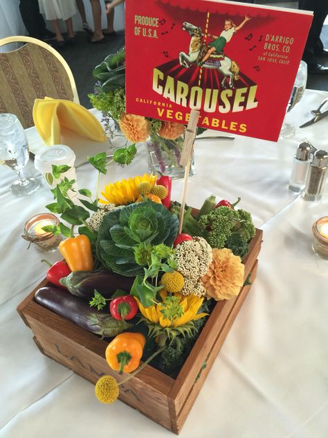 Wooden crates filled with produce and garden vegetables. Farmers Market Table Decor, Locally Grown Baby Shower Centerpieces, 4h Centerpieces, Farmers Market Centerpiece, Produce Centerpieces, Fruit Centerpieces Wedding, Farm Centerpieces, Vegetable Centerpieces, Farmers Market Birthday Party