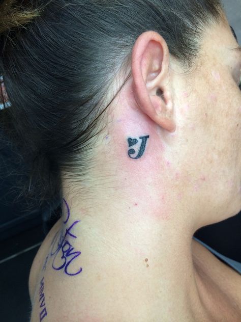 Letter j behind ear tattoo Letter Ear Tattoo, J Behind Ear Tattoo, J Tattoo Behind Ear, J Tattoo Design, Letter Behind Ear Tattoo, Name Tattoo Behind Ear, Initial Tattoo Behind Ear, J Initial Tattoo, Japanese Letters Tattoo