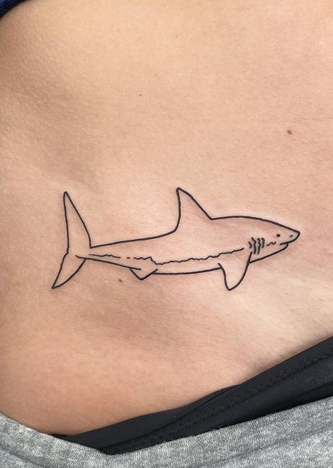 Great White Shark Outline Tattoo, Side Shark Tattoo, Linework Shark Tattoo, Great White Tattoo Shark, Shark Tattoo Wrist, Great White Shark Tattoos For Women, Great White Shark Tattoo Simple, Shark Tattoo On Thigh, Blue Shark Tattoo