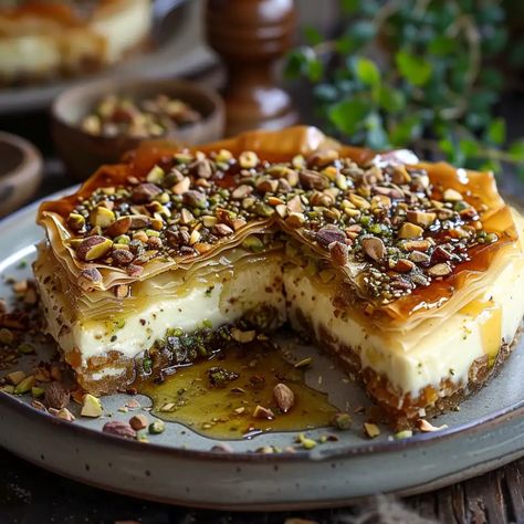 Honey Pistachio Baklava Cheesecake Recipe Baklava Cheesecake Recipe, Honey Pistachio, Cinnamon Cheesecake, Pistachio Cheesecake, Baklava Cheesecake, Pistachio Baklava, Creamed Honey, Phyllo Dough, Pastry Dough