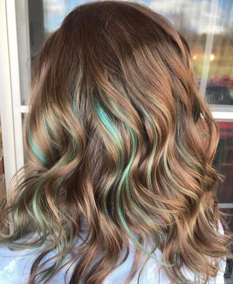 Hair Color Bottom Half Colour, Turquoise Hair Color Highlights, Light Brown With Blue Highlights, Turquoise Balayage Hair, Green Lowlights In Brown Hair, Mint Green Money Piece Hair, Partial Hair Color Ideas, Aqua Peekaboo Hair, Light Blue Hair Highlights Brunettes