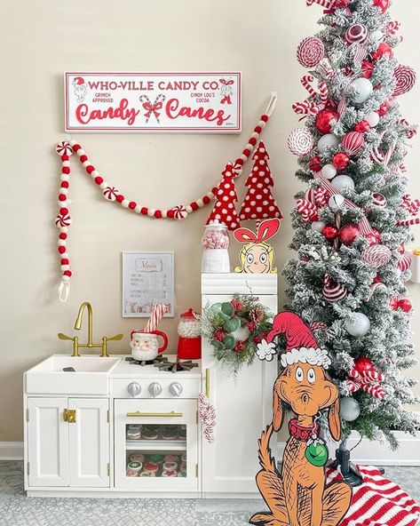 Playroom Christmas Tree Kids, Playroom Holiday Decor, Christmas Playroom Decor, Christmas Play Kitchen, Play Kitchen Holiday Decor, Gingerbread House Kids Playhouse, Christmas Decor Ideas Grinch, Playroom Christmas Decor, Playroom Christmas Tree