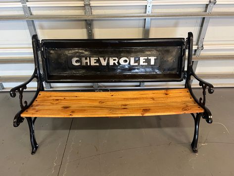 Made this over the weekend, found old junk bench with rotted wood for Free, I had the old tailgate off my truck project, supper easy project Chevy Tailgate Bench, Truck Tailgate Bench, Tailgate Ideas, Tailgate Bench, Barn Storage, Truck Tailgate, A Truck, Welding Projects, Truck Bed