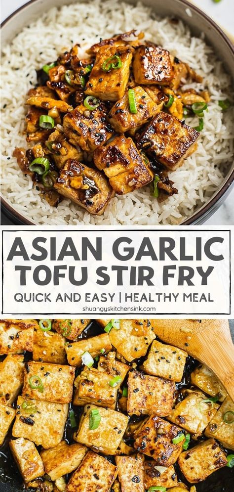 Garlic Tofu Stir Fry {Vegetarian} | This easy, healthy garlic tofu stir-fry recipe is loaded with authentic flavor and tastes better than take out. Soft on the inside, with a light golden crisp on the outside and coated with a sticky garlic sauce, this pairs perfectly with cooked veggies or your favorite rice. Can be made vegan as well. #tofurecipe #asianfood #garlictofu #chinesefood Stir Fry Vegetarian, Nutrition Challenge, Garlic Tofu, Chinese Garlic, Meatless Mains, Vegetarian Stir Fry, Vegan Stir Fry, Healthy Asian, Better Than Takeout