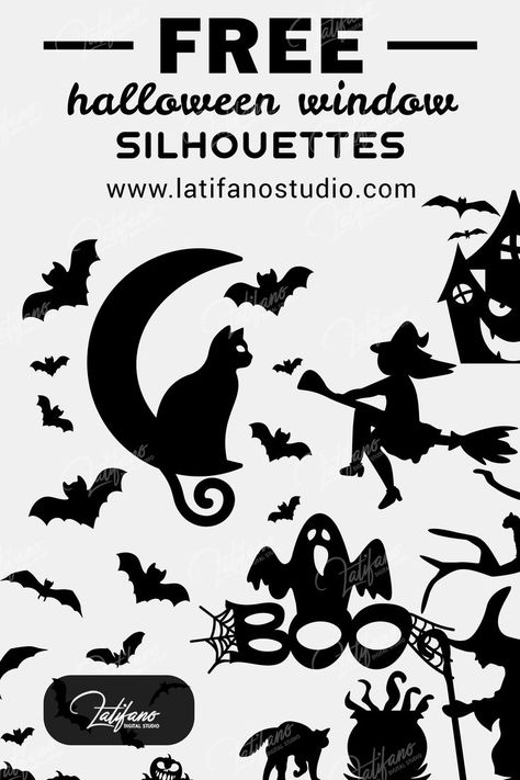 Spookify your room with different Halloween decorations. Create a potion bottle, set up a branch chandelier for a ghostly forest shadow, light creepy bloody candles, put up Halloween window silhouettes, make a ghost out of chicken wire, or surprise guests with a scary message in glow-in-the-dark frosting. Diy Halloween Window Silhouettes Printable, Halloween Window Stencils, Diy Haunted House Silhouette, Free Halloween Silhouette Printables, Window Silouhette Halloween Diy, Cricut Halloween Decorations Outdoor, Printable Halloween Silhouettes, Diy Halloween Silhouettes, Halloween Window Decorations Diy