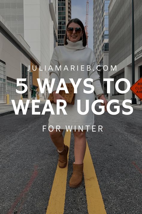 5 WAYS TO WEAR UGG BOOTS FOR WINTER: http://www.juliamarieb.com/2020/01/22/5-ways-to-wear-ugg-boots-for-winter-the-rule-of-5/ | @julia.marie.b Ugh Classic Ultra Mini Outfit, Short Ugg Boots Outfit, Low Uggs, How To Style Ugg Boots, Ugg Boot Outfits, How To Wear Ugg Boots, How To Wear Uggs, How To Style Uggs, Ugg Boots Outfit Winter