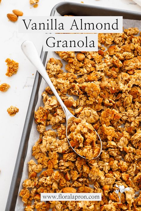 Vanilla Almond Granola - The Floral Apron Vanilla Almond Granola Recipe, Vanilla Granola Recipe, Almond Granola Recipe, Granola Balls, Honey Almond Granola, Vanilla Almond Granola, Vanilla Granola, Homemade Cereal, Honey Granola