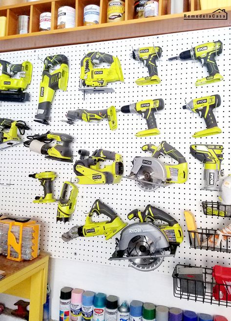 Ryobi power tools in pegboard   #thdprospective Tool Pegboard, Ryobi Power Tools, Pegboard Garage, Garage Organization Tips, Power Tool Storage, Lumber Storage, Pegboard Organization, Garage Organization Diy, Tool Box Organization