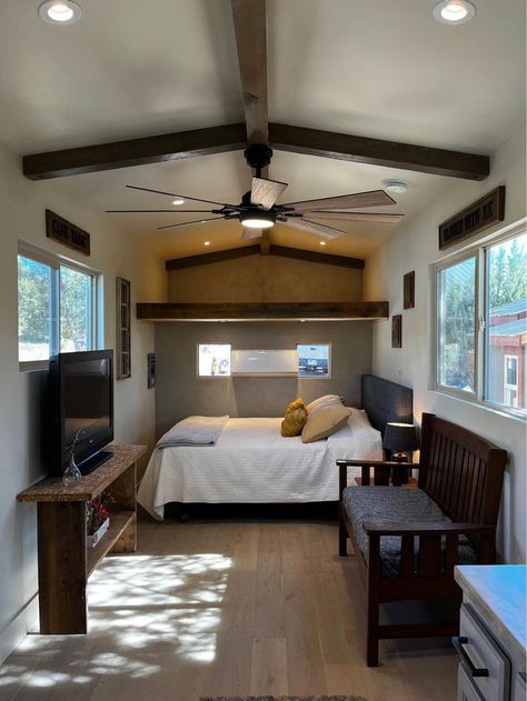 Tiny House No Loft, Loft Tiny House, Removable Shower Head, Tiny Houses On Wheels, Houses On Wheels, Bus Conversions, Tiny House Talk, White Oak Hardwood Floors, Fiberglass Shower