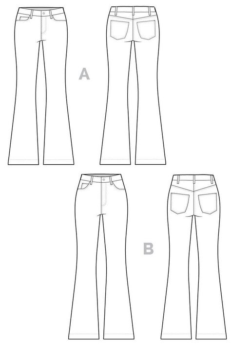 FLATS TECHNICAL DRAWING FOR FASHION Flare Pants Pattern, Jeans Drawing, Pattern Jeans, Ginger Jeans, Jeans Pattern, Clothing Sketches, Fashion Templates, Patterned Jeans, Fashion Design Drawings