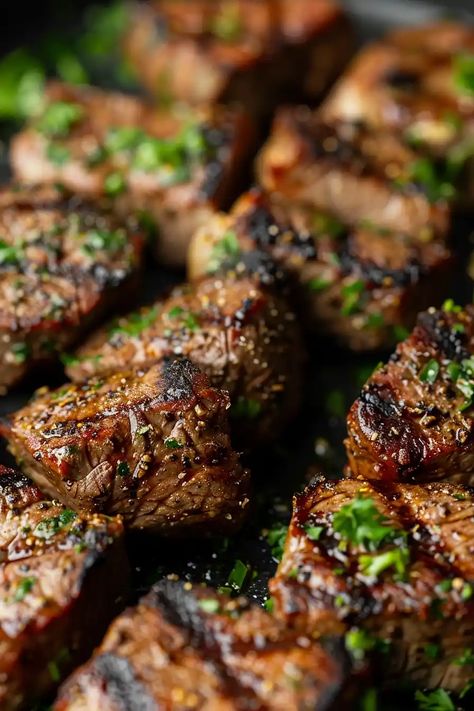 Butter Steak Bites Recipe, Air Fryer Steak Bites, Butter Steak Bites, Crispy Baked Chicken Thighs, Steak Bites Recipe, Garlic Steak, Air Fryer Steak, Butter Steak, Hearty Casseroles