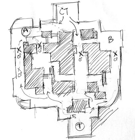 3 Workflow Techniques - How to Draw Top-Down Level Design Map Layouts [CS:GO SDK] Game Level Design Layout, Level Layout Game, Fps Map Design, Top Down Level Design, Fps Level Design, Level Blockout, Map Layout Design, Level Design Game, Level Design Concept