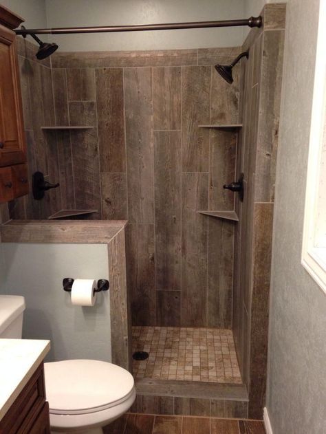 Rustic walk in shower Mens Bathroom Color Schemes, Remolded Bathrooms On A Budget, Walk In Shower With Half Wall And Bench, Small Bathroom Remodel Rustic, Unique Shower Ideas, Tiled Bathrooms Ideas, Small Rustic Bathrooms, Wood Tile Shower, Makeover Kamar Mandi