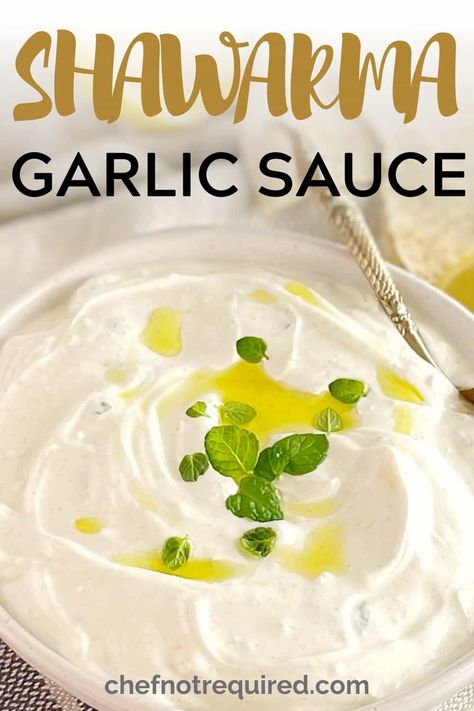 Want to know how to make your own shawarma sauce at home? This shawarma sauce recipe is fast and easy. Using greek yogurt (strained yogurt) and just a handful of ingredients you will be eating all your favourite Middle Eastern dishes with this yummy garlic yogurt sauce with tahini in no time! This shawarma white sauce is great for gyros, kebabs, and pita bread wraps too! #chefnotrequired #shawarma #shawarmasauce Shawarma White Sauce, Shawarma Sauce Recipe, Mediterranean Garlic Sauce, Shawarma Garlic Sauce, White Garlic Sauce, Shawarma Sauce, Greek Yogurt Sour Cream, Garlic Yogurt Sauce, Lebanese Garlic Sauce