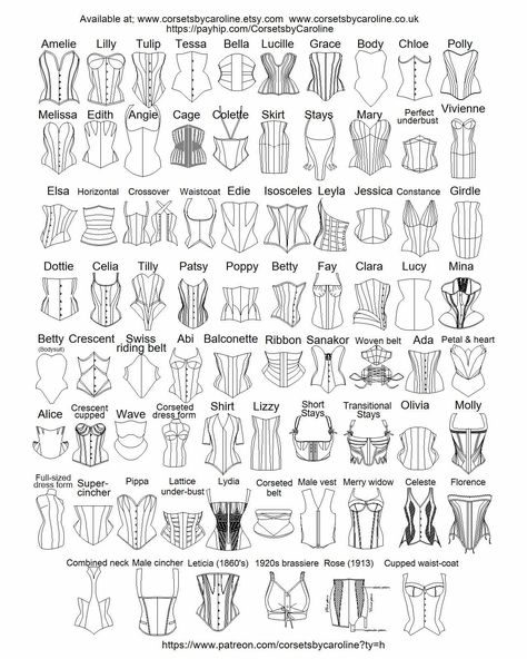 76 PATTERN TO DEC 22 Corset Measurements Chart, Corset Types Chart, Fashion Design Guide, Types Of Corsets Names, Corset Types Names, Different Corset Shapes, Corset Pattern Making, Types Of Corsets Style, Learn Fashion Design