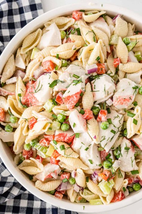 Crab Meat Pasta, Seafood Pasta Salad Recipe, Crab Pasta Salad, Seafood Salad Pasta, Crab Pasta, Crab Salad Recipe, Sea Food Salad Recipes, Potluck Side Dishes, Resep Pasta