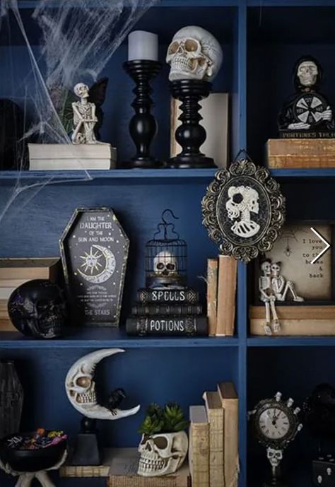 Navy Blue Gothic Bedroom, Shelf Trim Ideas, Dark Bookshelf Aesthetic, Gothic Bookshelf Decor, Decorating Dark Bookshelves, Ttrpg Room, Dark Witch Room Aesthetic, Goth Bookshelf, Witch Bookshelf