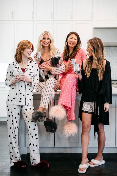 Satin Pajama Party, Grown Up Pajama Party, Pajama Party Photoshoot, Pjamamas Party, Girls Night Pajama Party Outfit, Pajama Party Grown Up Outfit, Ladies Pajama Party, New Years Pajama Party, Pjs Party Girls Night