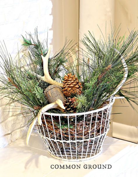 common ground : How to Use Baskets and Crates in Vintage Decor Wire Basket Decor Ideas, Wire Basket Ideas, Wire Basket Decor, Basket Decor Ideas, Cozy Winter Home, Wire Egg Basket, Vintage Wire Baskets, Mercury Glass Candle Holders, Yellow Brick Home