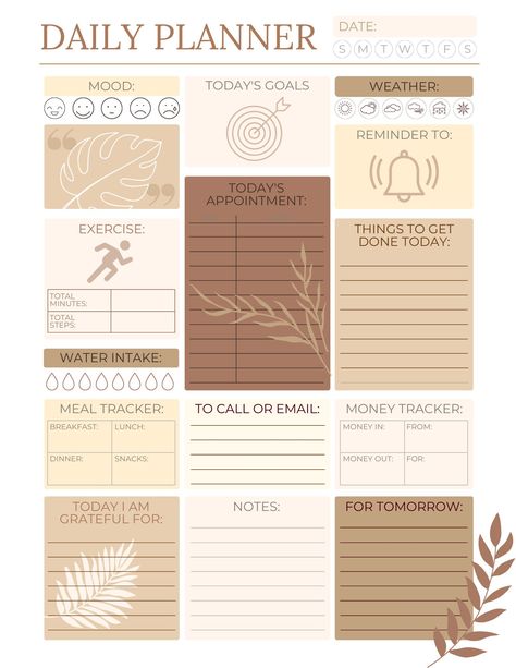 Daily planner which includes exercise, weather, money and meal tracker and many other bits! downloadable and printable Mom Planner Printables Free, Daily Planner Ideas, Free Weekly Planner Templates, Plan Life, Productivity Organization, October Planner, Cute Daily Planner, Daily Planner Design, Meal Tracker