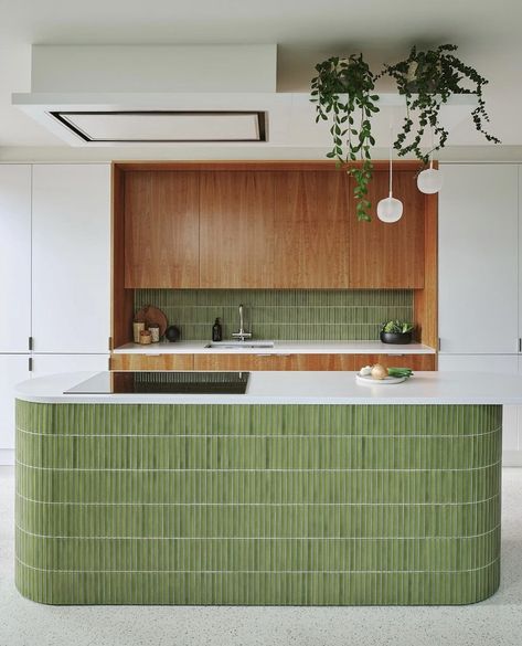 Kitchen Terrazzo Floor, Veneered Cabinets, Tile Kitchen Island, Green And Wood Kitchen, Green Floor Tiles, Green Modern Kitchen, Tiny Window, Staircase Outdoor, Vinyl Flooring Kitchen