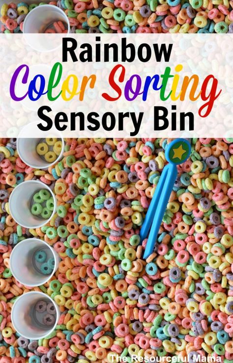 This rainbow color sorting sensory bin is a great indoor activity for toddler and preschoolers. They work on colors, sorting and fine motor skills. Sorting Sensory Bin, Matching Shapes, Urs Polar, Sensory Tub, Indoor Activities For Toddlers, Preschool Fine Motor, Toddler Sensory, Motor Skills Activities, Sensory Table