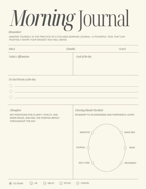 Begin your day with clarity and intention using this minimalist morning journal template. Organize your thoughts, set your goals, and cultivate gratitude every morning. Simplify your morning routine for a more centered and balanced day. Gratitude And Manifestation Journal, Morning Gratitude Journal Template, Journal Routine Ideas, Morning Gratitude Journal Prompts, Morning Journal Routine, Morning Journal Template, Canva Journal Template, 5 Minute Journal Template, Journal Set Up Ideas