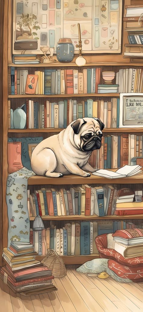 Studious pug reading a book in a library for a scholarly and cozy phone wallpaper, perfect for book lovers Cute Pugs Wallpapers, Literary Aesthetic, Frank The Pug, Peaceful Reading, Pug Wallpaper, Dog Wallpaper Iphone, Baby Pugs, Pug Pictures, Pug Art