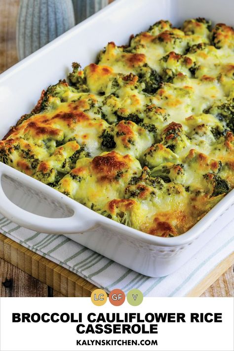 Pinterest image of Broccoli Cauliflower Rice Casserole shown in baking dish. Chicken Broccoli Curry, Broccoli Cauliflower Rice Casserole, Casserole With Cauliflower Rice, Broccoli Cauliflower Rice, Curry Casserole, Creamy Curry Sauce, Broccoli Curry, Cauliflower Rice Casserole, Rice Broccoli