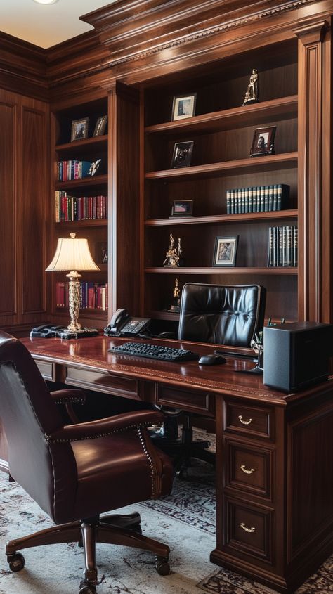 Elevate your Capricorn-inspired home office with timeless elegance! 🐐✨ Settle into a luxurious leather executive chair, surrounded by built-in bookshelves and an antique desk. Illuminate your space with a classic desk lamp, while your achievement wall stands as a testament to your success. 📚💼🌟 Old Money Home Office, Dark Academia Home Office, Cherry Wood Office, Achievement Wall, Old Money Office, Office Refresh, Masculine Office, Dark Academia Home, Vintage Home Offices