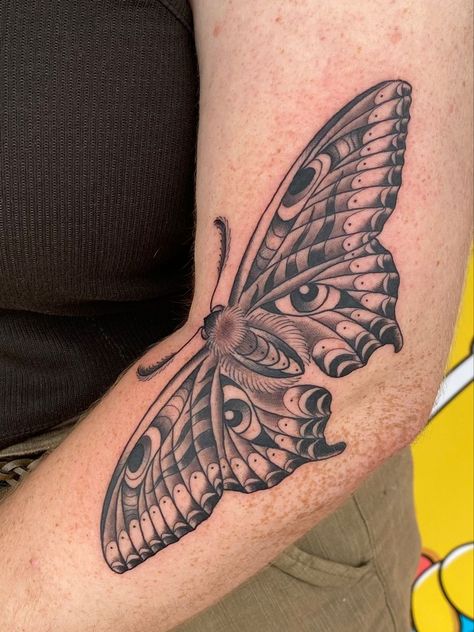 Moth Tattoo Open Close, Linework Cover Up Tattoo, Moth Tattoo Bend Of Arm, Luna Moth Tattoo Elbow, Elbow Moth Tattoos For Women, Folding Moth Tattoo, Inner Elbow Moth Tattoo, Imperial Moth Tattoo, Male Moth Tattoo