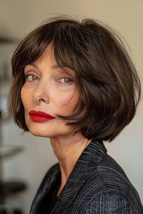 Classy Bob Haircuts for Older Women Trending in 2024 40s Bob Haircut, Classic Womens Haircuts, Modern Diana Haircut, Short Bob Glasses, Short Red Bob Hair, Lob Hairstyles 2024, Bob Haircut 2024 Trends, Short Hairstyle Women 2024 Trends, Grey Hair Bangs