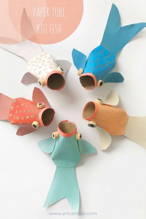 PAPER TUBE KOI FISH Kunst For Barn, New Year Art, Fish Crafts, Toilet Paper Roll Crafts, Paper Roll Crafts, Seni Origami, Recycled Art, Camping Art, Childrens Crafts