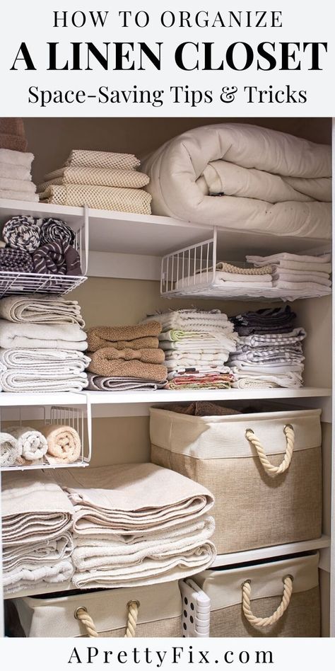 Learn how to organize a linen closet with these space-saving tips and tricks. Simple storage ideas for everyday living! #homeorganization #organizingtips #linenclosetorganization #smallinenclosettips