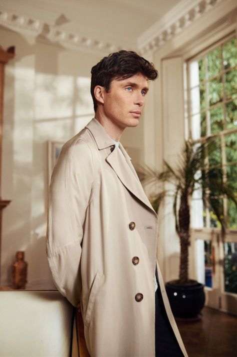 Cillian Murphy wearing a powder pink cupro double-breasted trench coat and pale blue stretch viscose T-shirt, both by Giorgio Armani. Cillian Murphy 90s, Murphy Cillian, Esquire Uk, Peaky Blinders Tommy Shelby, Cillian Murphy Peaky Blinders, Tommy Shelby, Irish Actors, Cillian Murphy, Peaky Blinders