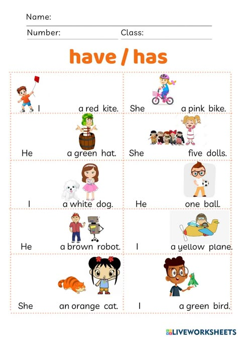 Have - has online worksheet for 1. You can do the exercises online or download the worksheet as pdf. English Activities For Class 1, Has Or Have Worksheets Kids, Use Of Has And Have For Grade 1, Has And Have, Has And Have Worksheets For Grade 1, Has Or Have, Do You Have Worksheet, Verb To Have Worksheets For Kids, Have To Has To Worksheet