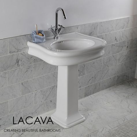 Our pedestal sink design focuses on elegant features and conservation of space! Pair our pedestal sink with a wall-mounted or deck-mounted faucet. Shown in Image: Sink: Lirico H251 in 001 white Pedestal: Lirico H250 in 001 white Faucet: Cigno 1581.1 in CR polished chrome #pedestal #sink #bathroom #elegant #lovely #love #beautiful #porcelain #interiordesign #interiors #style #faucet #design #architecture #photography #luxury #realestate #realtor #powderroom #stunning #beauty #explore Pedistal Sink, Pedastal Sink, Pedestal Sink Bathroom, Luxury Bathroom Sinks, Pedestal Bathroom Sink, Copper And Grey, Wall Mount Sinks, White Faucet, Wall Mount Sink