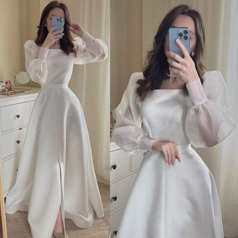 White Gowns Elegant Simple, White Prom Dress Long Elegant, Elegant Dresses Classy Modest Formal, White Formal Dress Classy, Dresses To Wear To A Wedding Hijab, White Dress Classy Formal, Hijab Dress Party Simple, Simpul Dasi, White Prom Dress Long